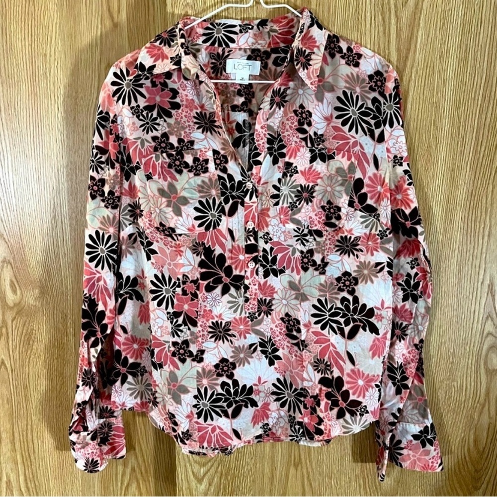 LOFT Peach/ Brown Floral Print Blouse Shirt